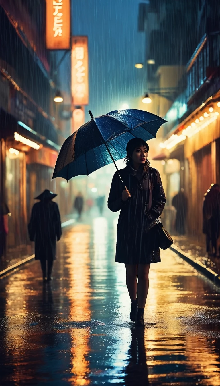 A man stands under a dripping umbrella on a dimly lit street,Raindrops glistening on the wet pavement,Warm light from street lamps,Reflection of a neon sign in a puddle,A man in a hurry with an umbrella々, The sound of raindrops hitting the umbrella, wet leaves scattered on the ground, hazy atmosphere, Silhouette of a girl highlighted by street lights, rainy urban landscape at night, cinematic and moody lighting, Dramatic contrast of light and dark, A sense of mystery and loneliness, Moist and shiny texture, Cool, desaturated color palette, impressionist art style e sonhador. (highest quallity, 4K, very detailled, realisitic:1.37), raining night, urban landscape, Cinema lighting, Wet texture, somber atmosphere, impressionist art style