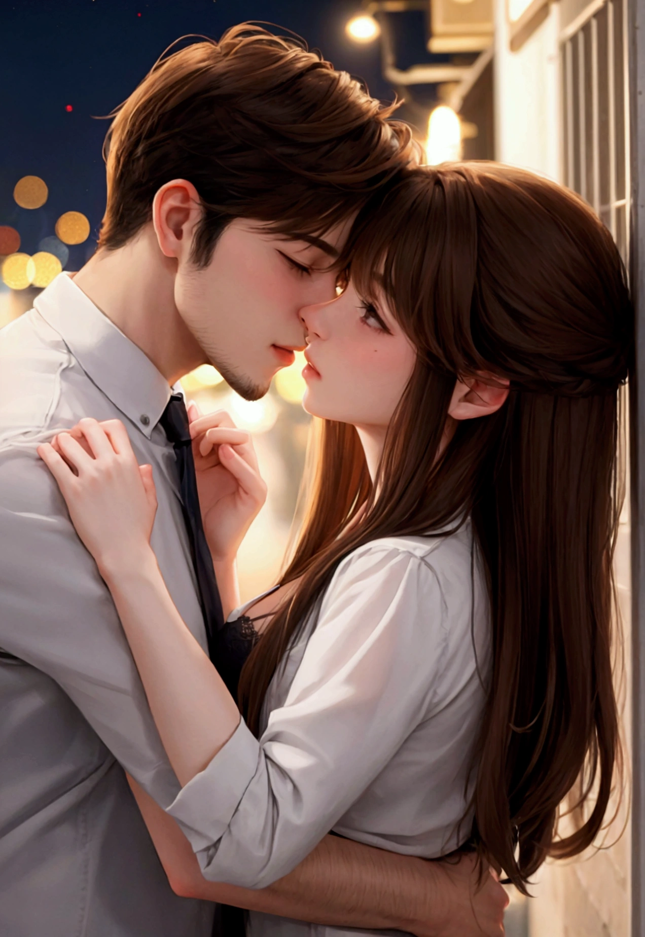 a couple kissing , male and female, brown hair, night time