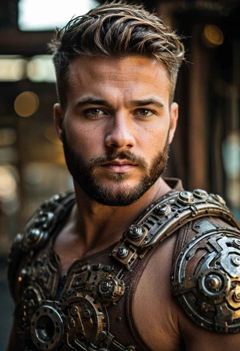 close-up portrait photo of a muscular bearded guy in a used mechanical suit, Intricate, (steel metal [rust]), chic, sharp focus, photo by greg rutkowski, soft lighting, swirly vibrant colors, work of art, ((streets)), face detailed