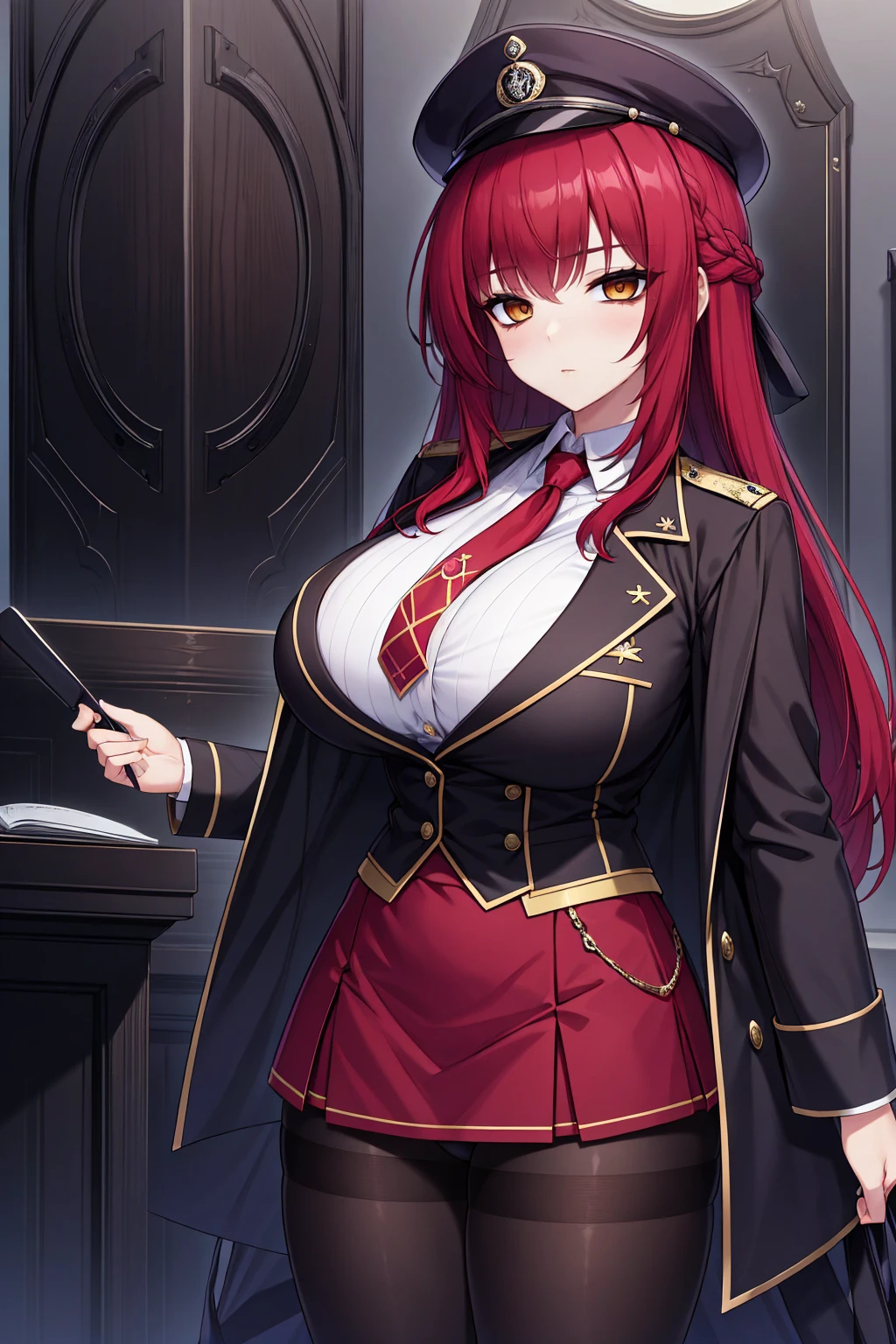 braided hair、braided hair,red-eyes,black-hair,bainded-hair,Braided Hair、long-hair,yellow-eyes,big-breast army-suit, white-armysuit-suit,black-pantyhose,mini-skirt,23 years old,older sister、Ultra-high resolution、Ultra HD,Braided Hair、red-tie,standing,milf,wife,,dark-makeup,、huge-breast,red-hair,red-hair,uniform、uniform、red-hair,military,yellow-eyes,military-cap,male