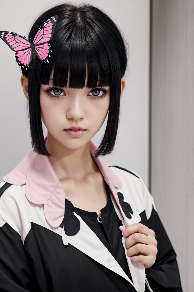 character, by white, Albine women, completely black eyes, long bangs short hair in back and messy bangs style butterfly cut in front, ahogue, eyelashes, pink lips, estilo kimetsu no yaiba