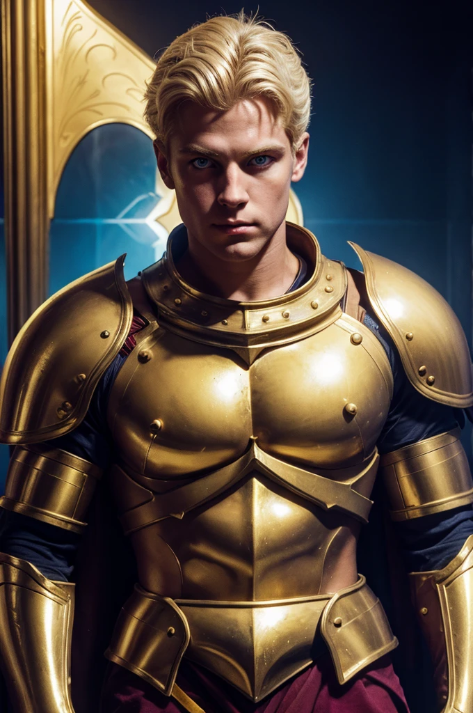 knight with golden armor, muscular, white skin, medium blond hair, blue eyes, double chin, defined jaw, rectangular face, six pack abs, with a ruby ​​splash, dreamcore, dark fantasy, 80s film style image