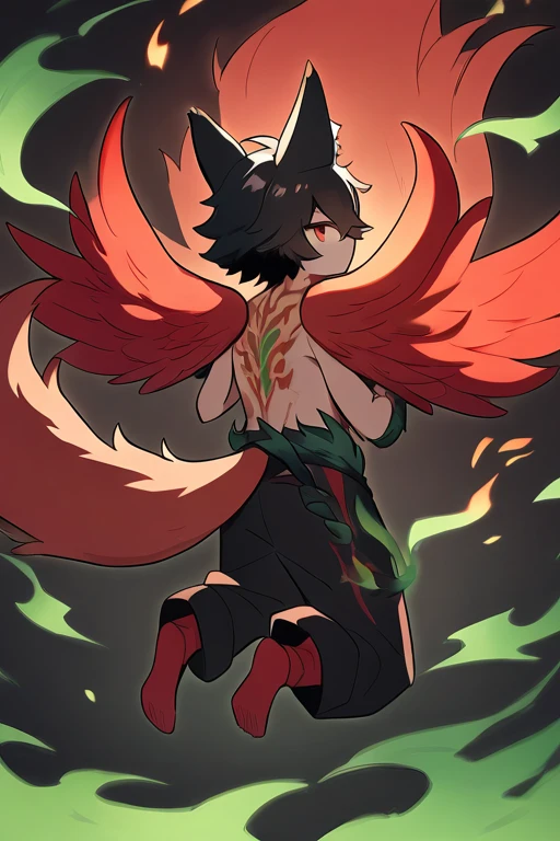 Black-haired boy with fox ears and tail surrounded by green flames with red wings on his back Red eyes, full body worked