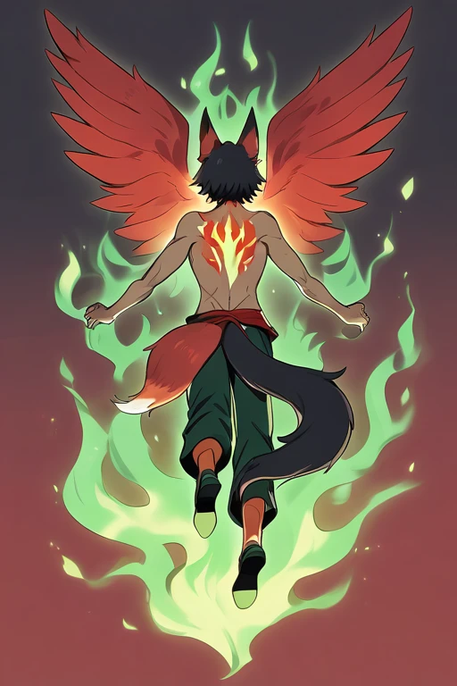 Black-haired boy with fox ears and tail surrounded by green flames with red wings on his back Red eyes, full body worked