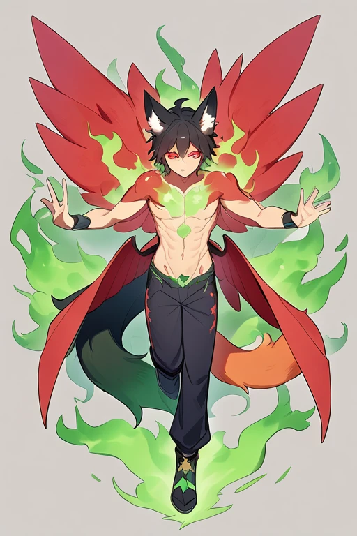 Black-haired boy with fox ears and tail surrounded by green flames with red wings on his back Red eyes, full body worked