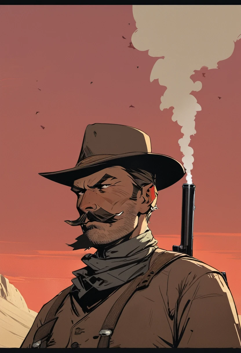 score_9, score_8_up, score_7_up, score_6_up, score_5_up, score_4_up, 1man, Western, Desert, Dark night, Horizon, far away, Wild West, red dead Redemption, cartoon art style, Bald, without beard, large scar on face, smoking, revolver, suspenders, big Moustache