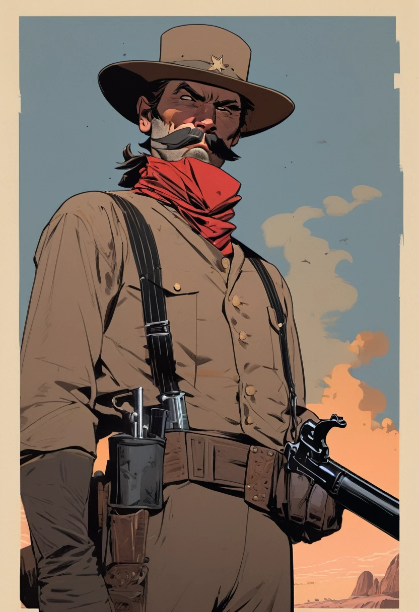 score_9, score_8_up, score_7_up, score_6_up, score_5_up, score_4_up, 1man, Western, Desert, Dark night, Horizon, far away, Wild West, red dead Redemption, cartoon art style, Bald, without beard, large scar on face, smoking, revolver, suspenders, big Moustache 