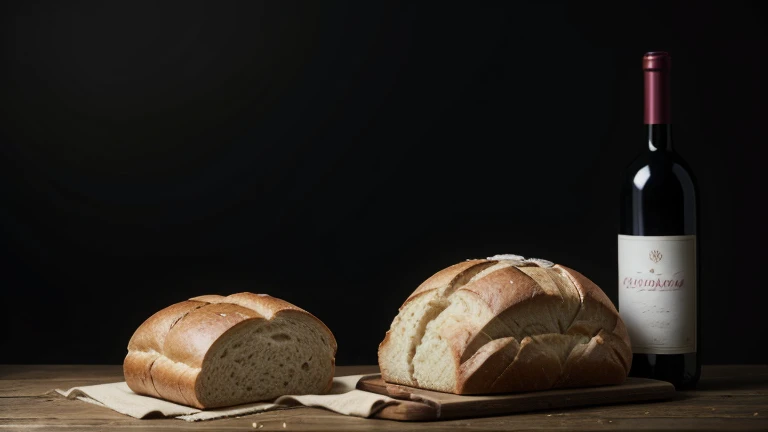 bread and wine on a wooden table with a black background