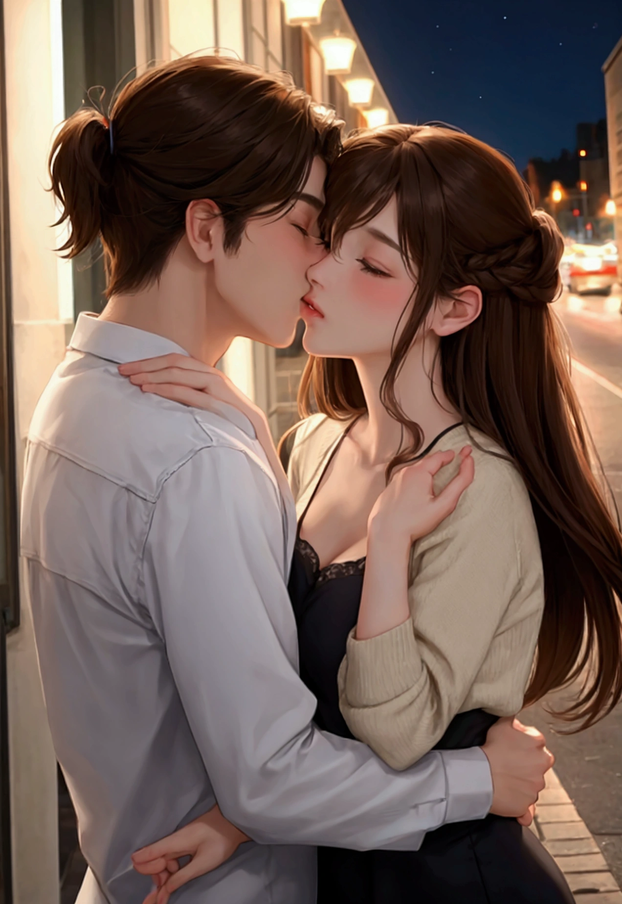 a couple kissing , male and female, brown hair, night time