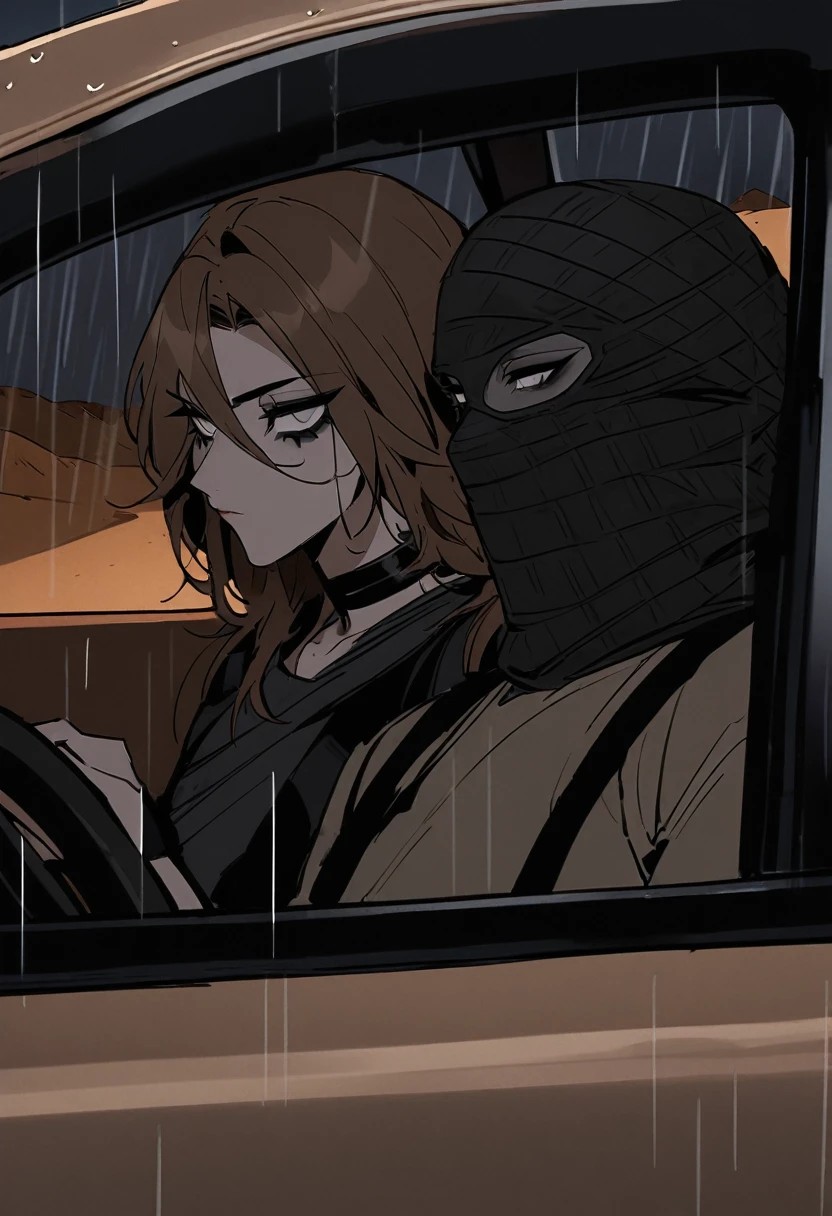 Male arab modern terrorist, terrorist, black balaclava, black bandage, white  eyes, black clothes, thin waist, femboy, light skin, makeup, black eyeliner, big eyelashes, black eyeshadow, choker, inside the car, desert, night, rain, duo, 1girl, brown long hair girl, girl without a mask, makeup