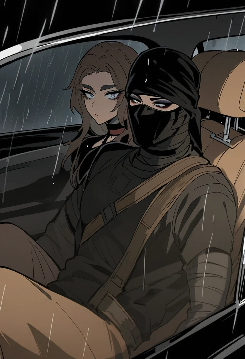 Male arab modern terrorist, terrorist, black balaclava, black bandage, white eyes, black clothes, thin waist, femboy, light skin, makeup, black eyeliner, big eyelashes, black eyeshadow, choker, inside the car, desert, night, rain, duo, 1girl, brown long hair girl, girl without a mask, makeup