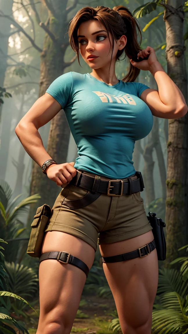 8K, Ultra HD, Super details, high quality, High resolution. lara Croft looks beautiful in a full body photo, her body is sculptural. Her black hair is tied in a ponytail a perfect match with her full lips, her bright eyes mesmerize everyone. She is wearing a light blue, form-fitting t-shirt that allows freedom of movement, khaki shorts with side pockets that are practical for storing items, black combat boots, robust and suitable for difficult terrain, a utility belt, often Adorned with climbing gear and archeology tools, Lara is also often seen with a pair of pistols in holsters on her waist, reflecting her fearless character and combat skills. She looks very sexy, drawing attention to her big breasts and thick legs. She is in a dark forest in the fog.