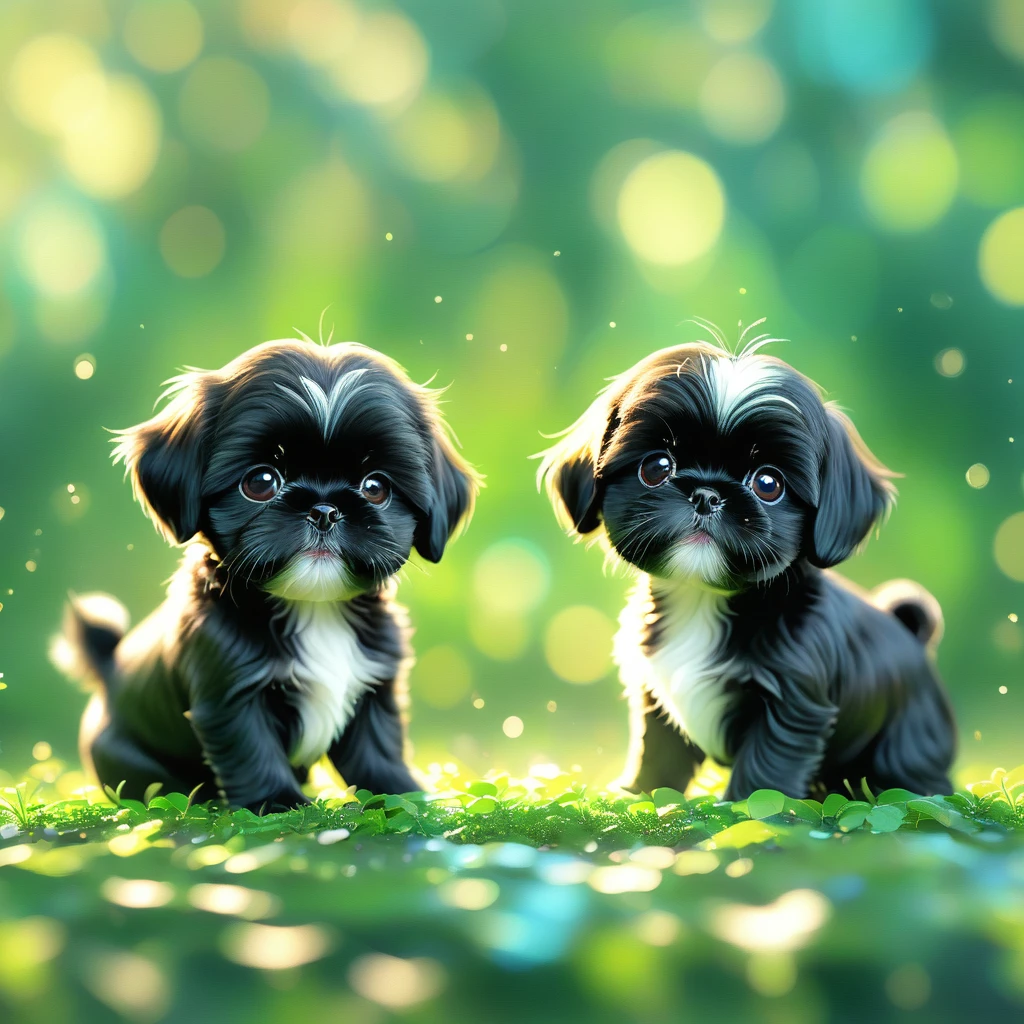 (masterpiece, best quality:1.2), 2 adorable small black Shih Tzu puppies on green background, cute numbersArt, Lovely and detailed digital art, 4k hd illustration wallpaper, Cute numbers, Blurred dream illustration, 4k hd wallpaper illustration, Cute 3d rendering, A beautiful artistic illustration, 2d illustration, 2d illustration, Blurred dreamy illustration, Epic Concept Art. bokeh
