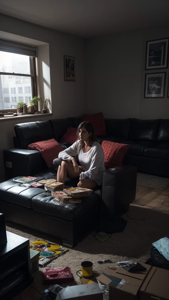 A 35-year-old woman, Nora Seed, sits on her couch staring at the TV with a blank look. The apartment is simple and messy, with pizza boxes scattered on the floor.