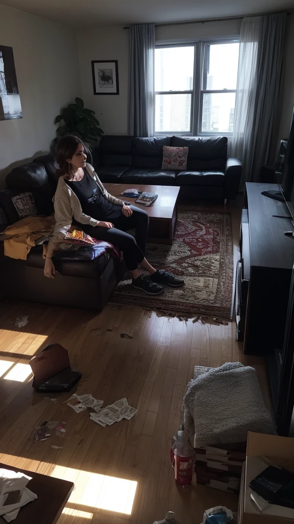 A 35-year-old woman, Nora Seed, sits on her couch staring at the TV with a blank look. The apartment is simple and messy, with pizza boxes scattered on the floor.