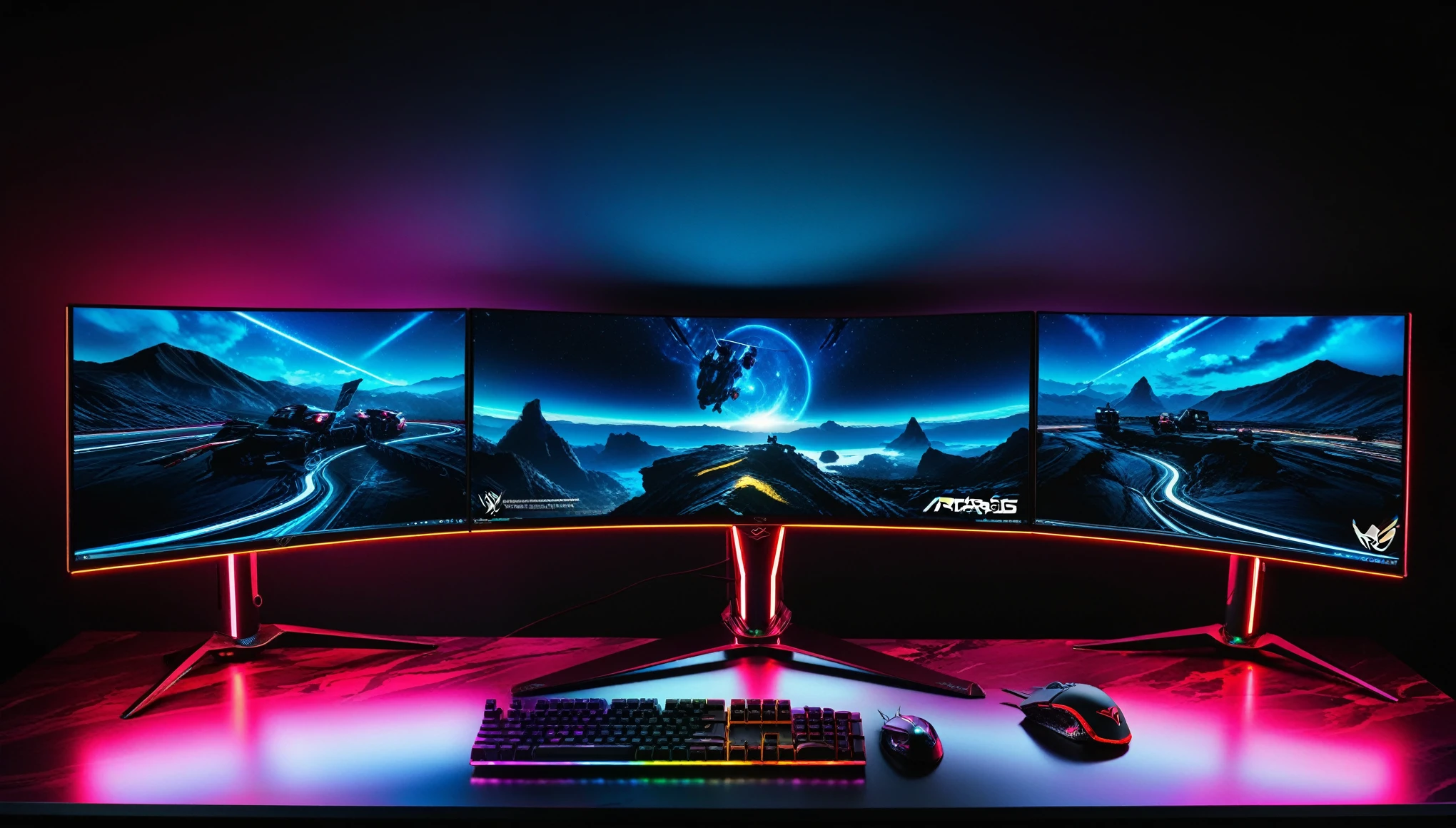(masterpiece:1.5),  (photorealistic:1.1), (bokeh), (best quality), (intricate), (8k), (HDR), (wallpaper) (cinematic lighting) (sharp focus), ultrawide, ultrawide establishing shot three  42" curved ROG gaming monitors on the desk with a ROG keyboard and ROG mouse, vibrant backlit, gaming monitors. artstation, ultra wide, led gaming, floating monitors, gamer screen on balck metallic desk, ultrawide landscape, colorful computer screen, monitor, ultrawide shot, dynamic backlighting, ultra wide horizon, rgb lighting, black marble wall background, rgp lighting skulls on wall paintings on wall