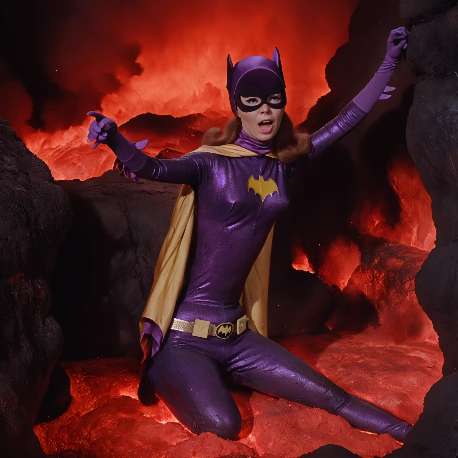 yvonne craig woman, sinking in a lava pit. She screams with her eyes wide open, she looks for help, extent her arm trying to grab something to escape, she moves desperate, but half of her body is already burning in the red glowing lava, smoke everywhere, she is in pain, "please help me" she screams , 60's style, analog film, film grain