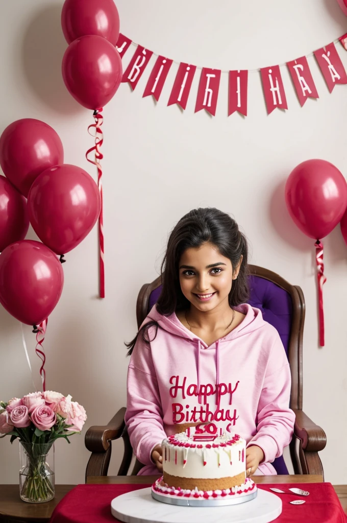 Create a realistic a profile picture where a 20 year old girl is cutting his birthday cake facing forward in smiling face, purple hoodie, Sitting casually on a Wingback Chair There are giftsIying on the ground along both sides of the chair. and the cake is lying in front of table, my username Bushra" written on the cake with Red Color, in my background HAPPY BIRTHDAY RAHUL written with Red Colors, with balloons in different colors attached on the white wall,