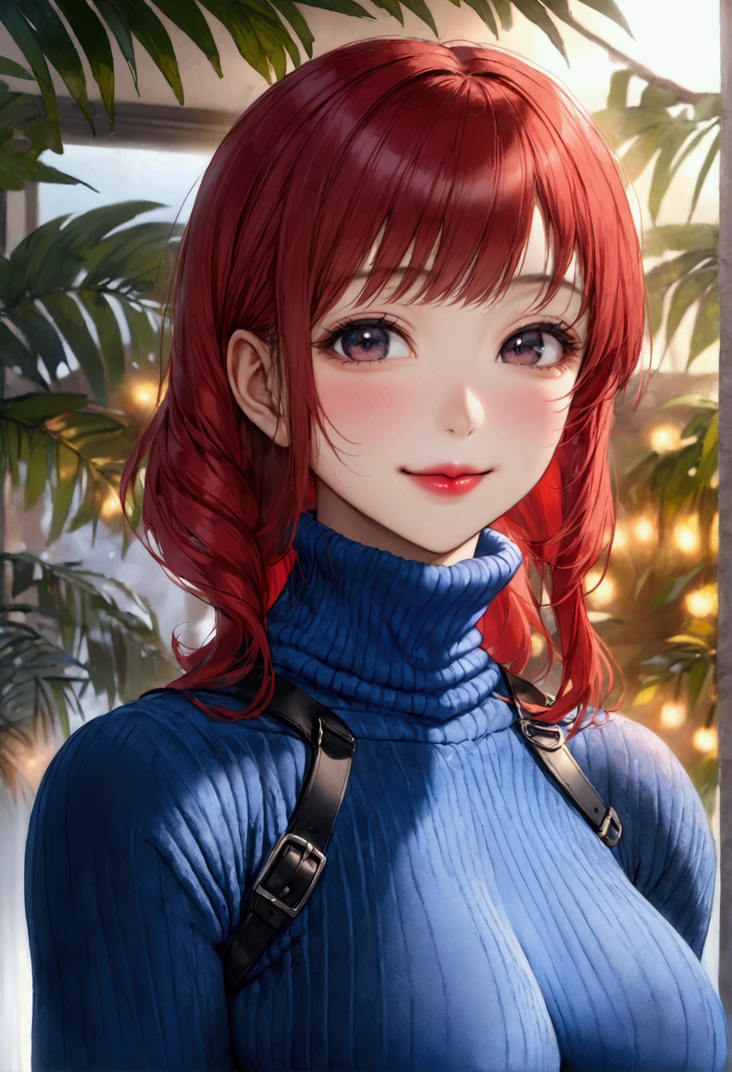 ((A aroused fertile feminine super-hot nympho vixen Chizuru Mizuhara woman with perfect voluptuous meaty-brawny-Carneous-fleshy-beefy toned body figure, extreme firm firm firm accurately rounded 34DDD sized erected silicon breasts, covered erected nipples, erotic expressions on face, red lips, and straight red hair)), ((wearing an unwrinkled smooth extreme skintight turtleneck velour blue thick sweater with a belt and an extreme super skintight plush sumptuously velour luxuriously soft ribbed Winter Warm Thermal velvet Fleece Lined Women Leggings)), ((**standing and smiling, facing viewer, high quality, detailed face portrait, photorealistic, 8k, masterpiece vivid colors, warm lighting, intricate details, hentai, waifu, show full body view**))((low angle shot captured by IMAX camera))