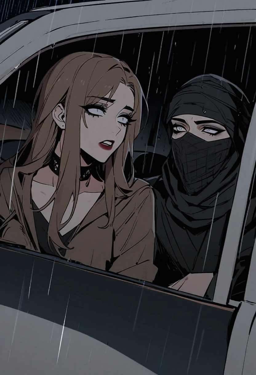 Male arab modern terrorist, terrorist, black balaclava, black bandage, white eyes, black clothes, thin waist, femboy, light skin, makeup, black eyeliner, big eyelashes, black eyeshadow, choker, inside the car, desert, night, rain, hetero duo, 1girl, brown long hair girl, girl without a mask, makeup