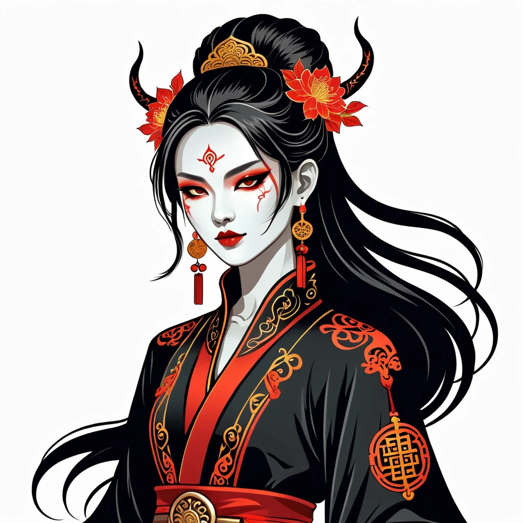 female necromancer in chinese folk outfit, vector graphics, strong contours, logo design
