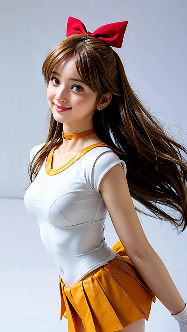 (masterpiece), (Highest quality), (Super detailed),(figure), (One girl),View your viewers, (interview),Beautiful attention to detail, Delicate and beautiful face, floating,(High saturation),(The Shining), sv1, Venus 1, Sailor Warrior Uniform, Sailor Venus, Minako Aino, Blonde, Magical girl, blue eyes, White leotard, Orange Skirt, Elbow hand pockets, tiara, Pleated skirt, Hair Ribbon, Orange Sailor Collar, mini skirt, choker, Red Bow, Orange choker, White gloves, Very long hair, jewelry, Earrings, smile,