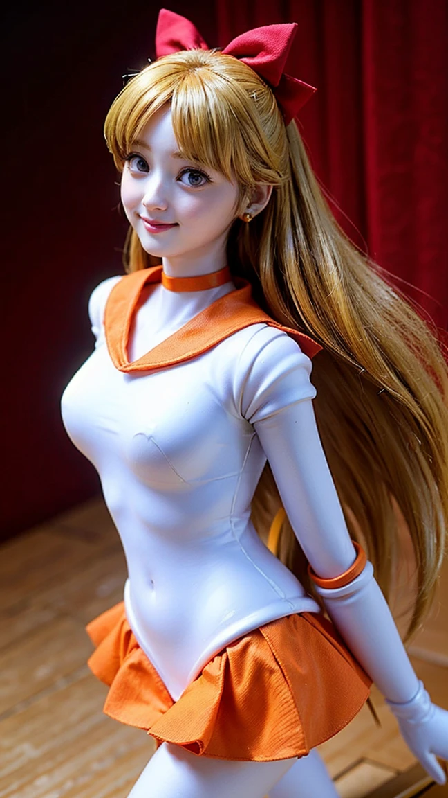 (masterpiece), (Highest quality), (Super detailed),(figure), (One girl),View your viewers, (interview),Beautiful attention to detail, Delicate and beautiful face, floating,(High saturation),(The Shining), sv1, Venus 1, Sailor Warrior Uniform, Sailor Venus, Minako Aino, Blonde, Magical girl, blue eyes, White leotard, Orange Skirt, Elbow hand pockets, tiara, Pleated skirt, Hair Ribbon, Orange Sailor Collar, mini skirt, choker, Red Bow, Orange choker, White gloves, Very long hair, jewelry, Earrings, smile,