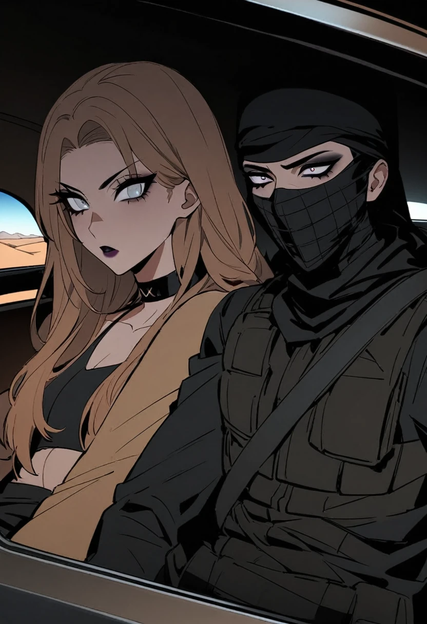 Male arab modern terrorist, terrorist, black balaclava, black bandage, white  eyes, black clothes, thin waist, femboy, light skin, makeup, black eyeliner, big eyelashes, black eyeshadow, choker, inside the car, desert, night, rain, hetero duo, 1girl, brown long hair girl, girl without a mask, makeup, penis, penis in her ass, sex, side view 