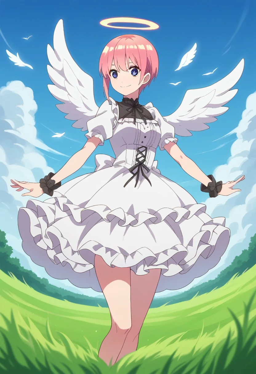 ichika nakano, short hair, bangs, blue eyes, hair between eyes, pink hair,Pink and white dress, Victoria Gothic Lolita Fashion, Lolita Style, , rococo dress, lolita fashion, one-piece,dress,petticoat,dynamic pose, angel wings, frills, tighthighs,halo, blue sky, grassy terrance,smile