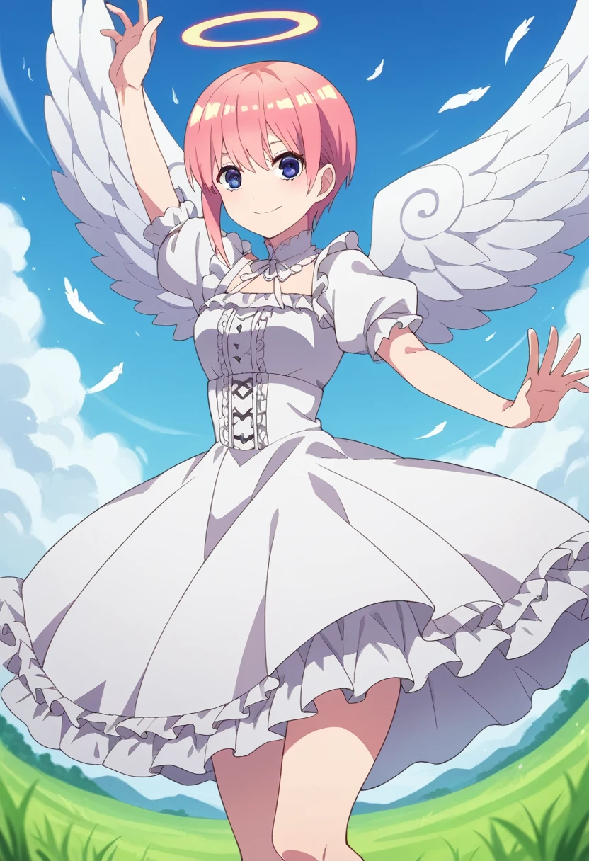 ichika nakano, short hair, bangs, blue eyes, hair between eyes, pink hair,Pink and white dress, Victoria Gothic Lolita Fashion, Lolita Style, , rococo dress, lolita fashion, one-piece,dress,petticoat,dynamic pose, angel wings, frills, tighthighs,halo, blue sky, grassy terrance,smile