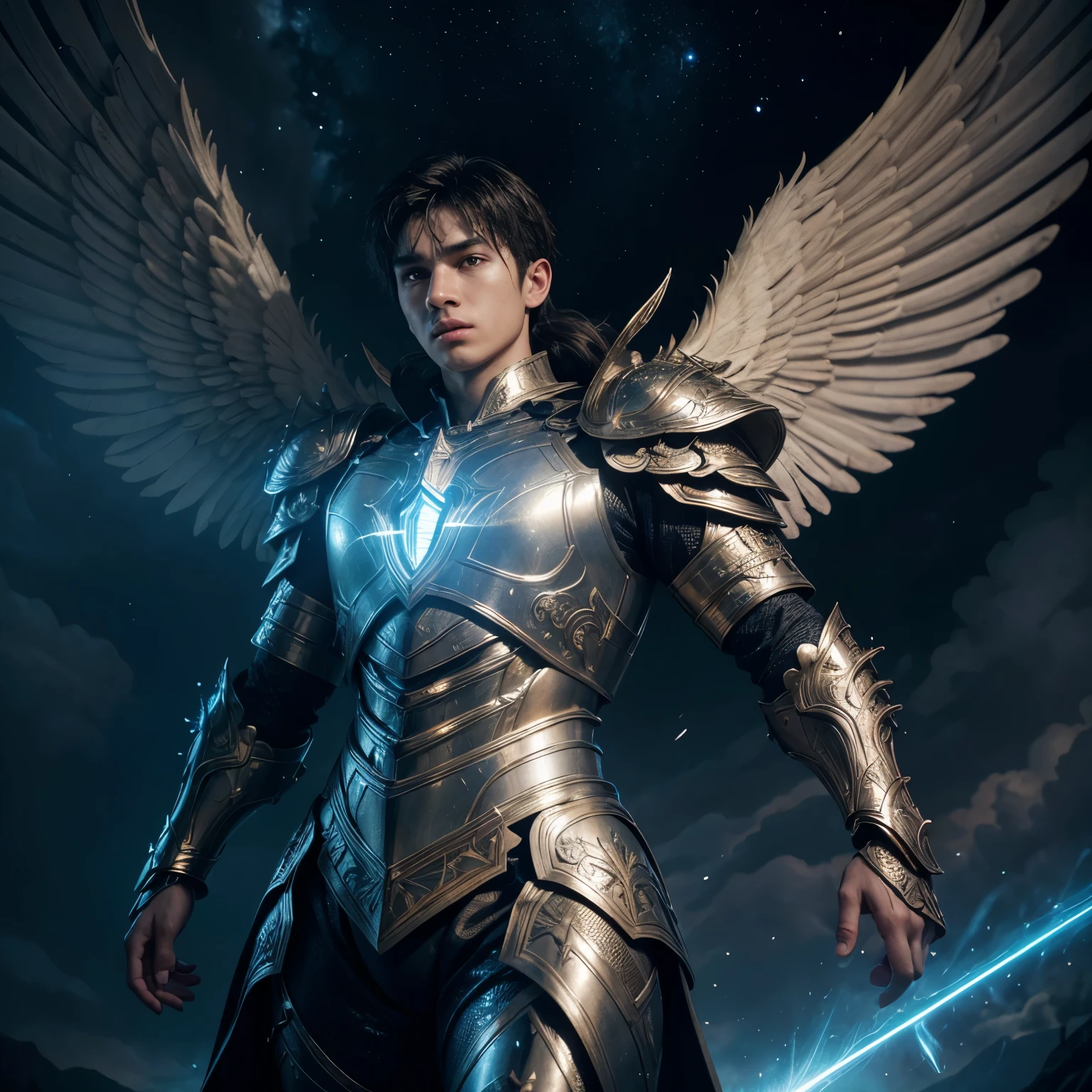 archangel miguel in armor, highly detailed, photorealistic, 8k, intricate details, chiaroscuro lighting, dramatic lighting, cinematic angle, glowing angelic aura, realistic skin textures, flowing fabric, ornate armor, epic heroic pose, majestic wings, divine radiance, masterpiece, blue ray, clouds, stars, sky,