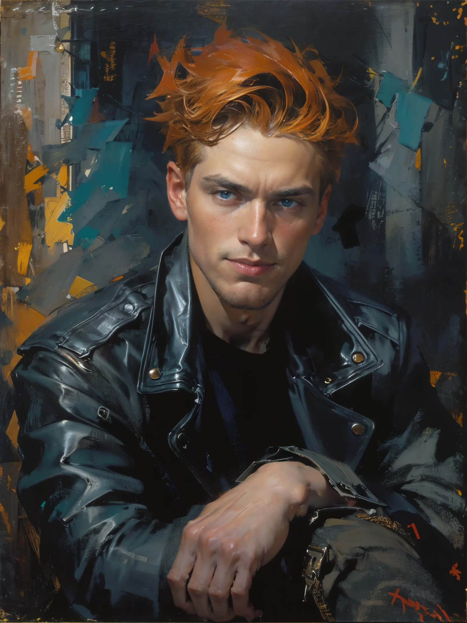 (dramatic illumination, dynamic angle, intense color contrast), (portrait of a young man with red hair and blue eyes, wearing black leather jacket, dark grey t-shirt, black jeans), (cocky grin), (in art deco theatre), (movie star), (fechin oil painting),