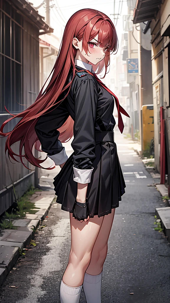 {{masterpiece}}, {{{Highest quality}}},{{Very detailed}}, {{figure}},{{tall}},{{Adult female}},,{{Fighting stance}},{From Side},{{Long sleeve mini skirt uniform}},{{}},}}{}},{fighting stance}},{},{}, ,{{}},{{Eyelet foot}},,{{blushing with anger}},{{v-shaped eyebrows}},,{{}},{{}},,Slender body}}{{Avoidance}}{{Female police officer}},,,,suspenders ,Long sleeve mini skirt uniform, White High Socks,Black fingerless gloves, Long Red Hair, Red tie,Straight hair ,Blunt bangs,Thigh holster,.amountn loafer,,blush,Wrinkles ,amount,Grit your teeth,suffering,v-shaped eyebrows.,Sweat dripping,Medium chest ,get annoyed,,Slums,,Twisting,back alley