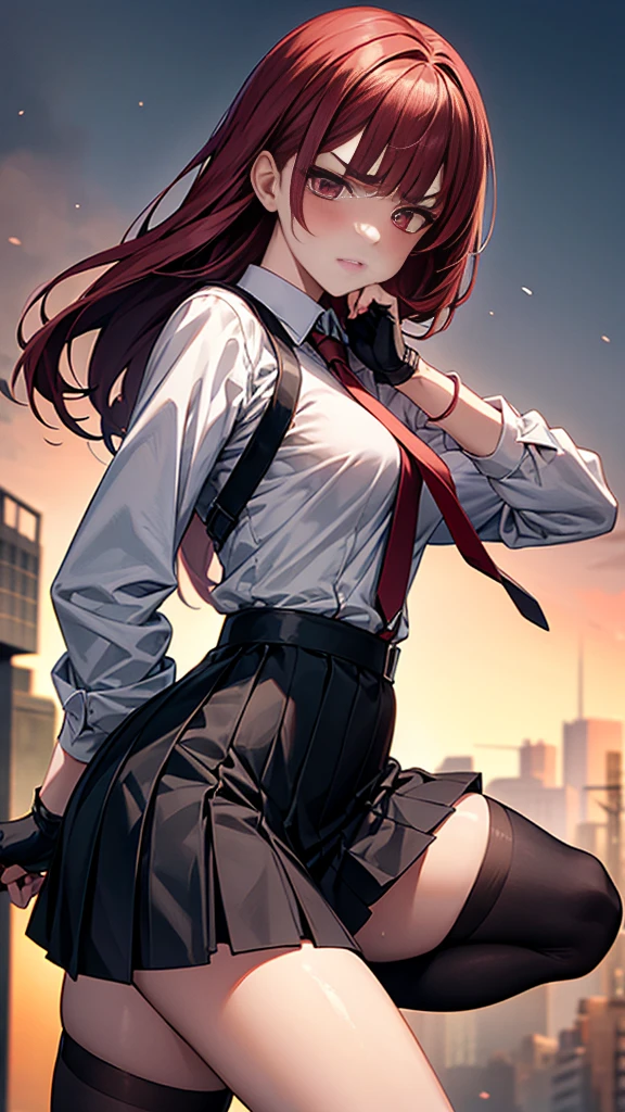 {{masterpiece}}, {{{Highest quality}}},{{Very detailed}}, {{figure}},{{tall}},{{Adult female}},,{{Fighting stance}},{From Side},{{Long sleeve mini skirt uniform}},{{}},}}{}},{fighting stance}},{},{}, ,{{}},{{Eyelet foot}},,{{blushing with anger}},{{v-shaped eyebrows}},,{{}},{{}},,Slender body}}{{Avoidance}}{{Female police officer}},,,,suspenders ,Long sleeve mini skirt uniform, White High Socks,Black fingerless gloves, Long Red Hair, Red tie,Straight hair ,Blunt bangs,Thigh holster,.amountn loafer,,blush,Wrinkles ,amount,Grit your teeth,suffering,v-shaped eyebrows.,Sweat dripping,Medium chest ,get annoyed,,Slums,,Twisting,back alley