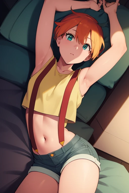 misty pokemon (azure eyes:1.7), short ((orange hair)) with scrunchie,  (flat chest:1.2), raised arms, mouth open
BREAK collarbone, ((cropped yellow shirt)), red suspenders, ((denim shorts)), bare arms, bare shoulders, bare legs, 
BREAK looking at viewer,
BREAK indoors,
BREAK (masterpiece:1.2), best quality, high resolution, unity 8k wallpaper, lying on bed with arms up (illustration:0.8), (beautiful detailed eyes:1.6), extremely detailed face, perfect lighting, extremely detailed CG, (perfect hands, perfect anatomy),