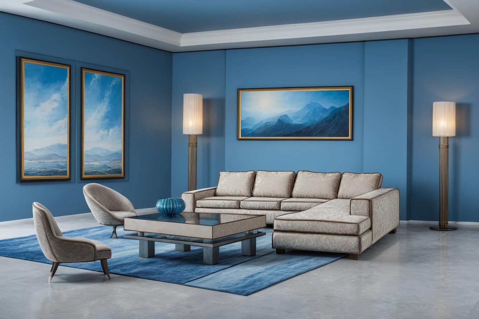 Living room design in modern style, daylight, extremely sharp images, 1 sofa, 2 armchairs, 1 table, 1 lamp post, plush floor carpet, wall painting, with window frame 2-panel aluminum glass, white ceiling, blue walls, granite floor, luxury, sophistication, natural landscape