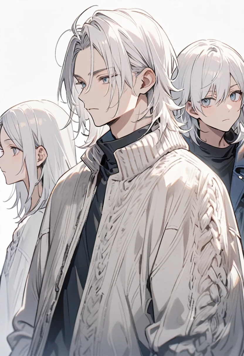 White Hair, 30generation, male, good looking, Bad look, knit, Upper Body, Are standing, Background white, male一人,