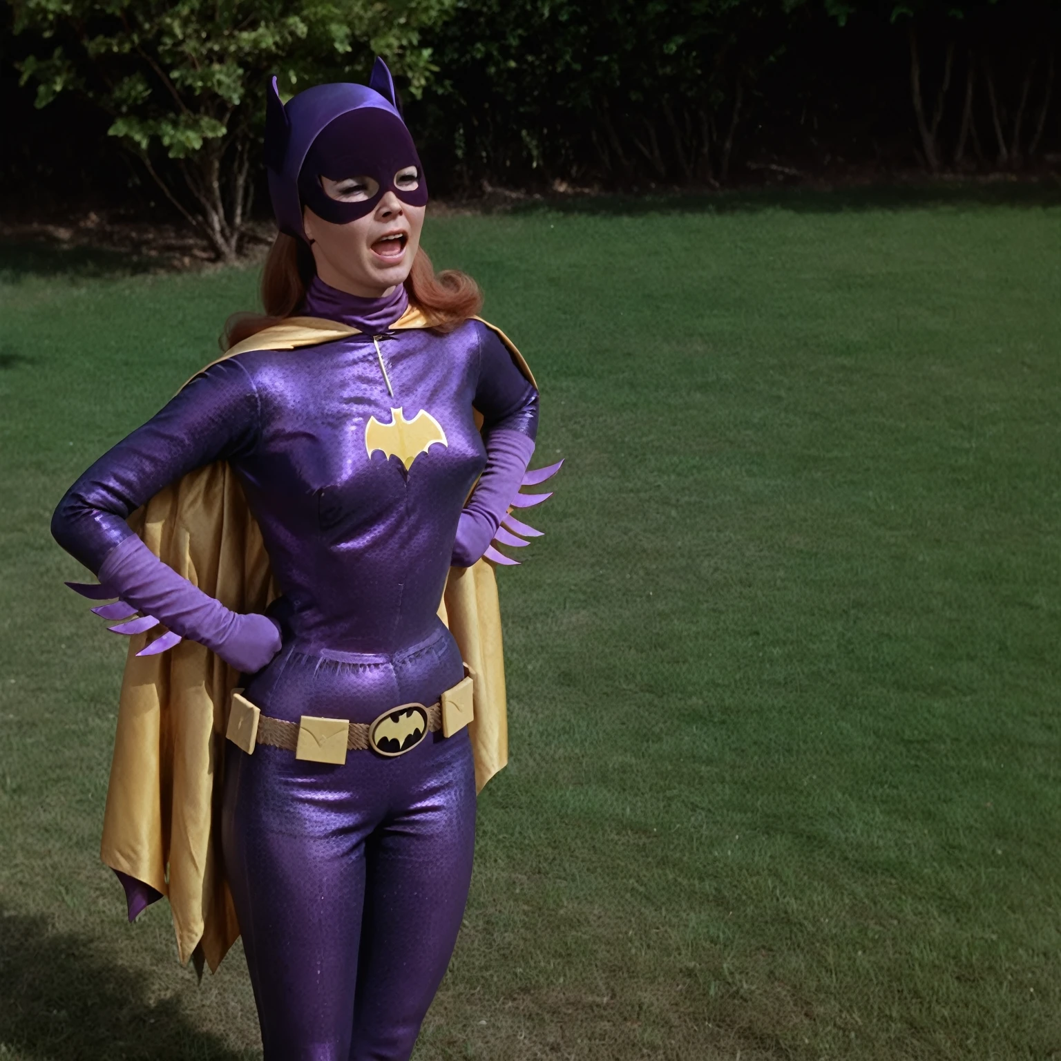 yvonne craig woman, she is in pain, an arrow reach her waist. The arrow sinks on her waist. Yvonne is standing in pain with her shoulders shrugged, screaming with her eyes wide open looking to camera, she is in pain, we see her injures, 60's style, analog film, on grass, film grain, medium shot