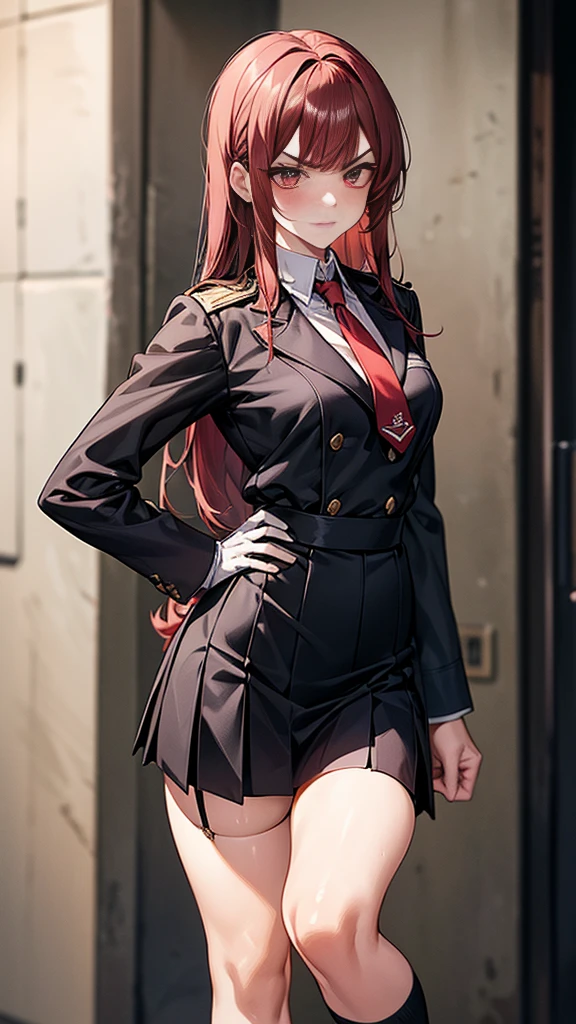 {{masterpiece}}, {{{Highest quality}}},{{Very detailed}}, {{figure}},{{tall}},{{Adult female}},,{{Fighting stance}},{From Side},{{Long sleeve mini skirt uniform}},{{}},}}{}},{fighting stance}},{},{}, ,{{}},{{Eyelet foot}},,{{blushing with anger}},{{v-shaped eyebrows}},,{{}},{{}},,Slender body}}{{Avoidance}}{{Female police officer}},,,,suspenders ,Long sleeve mini skirt uniform, White High Socks,Black fingerless gloves, Long Red Hair, Red tie,Straight hair ,Blunt bangs,Thigh holster,.amountn loafer,,blush,Wrinkles ,amount,Grit your teeth,suffering,v-shaped eyebrows.,Sweat dripping,Medium chest ,get annoyed,,Slums,,Twisting,back alley