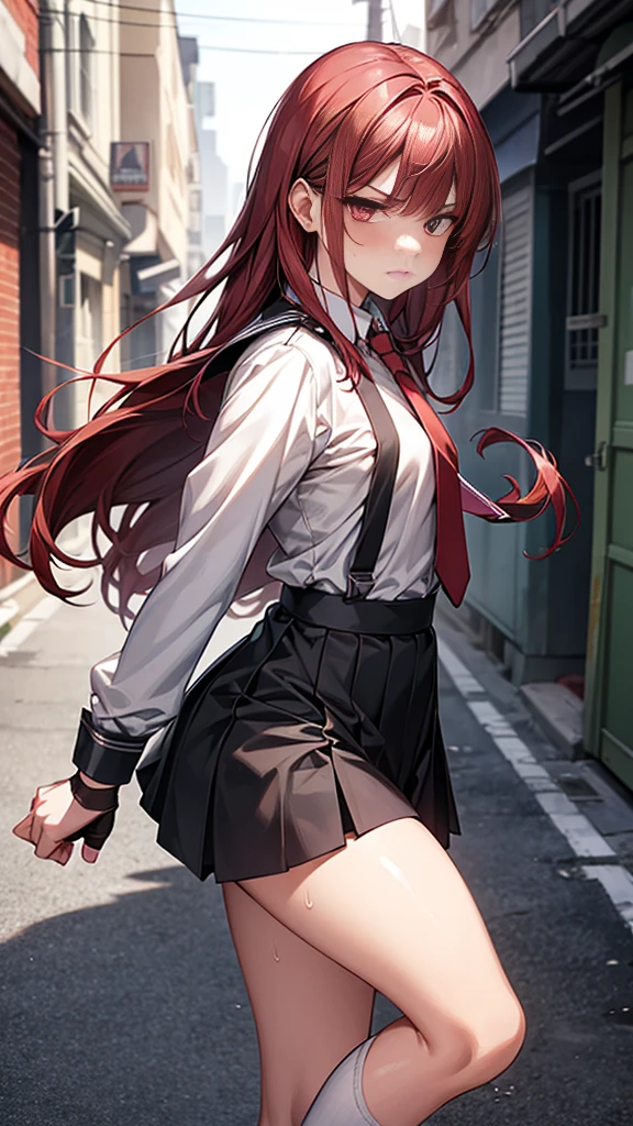 1girl,scared expression open mouth clenched teeth,red hair,red eyes,,sad,despair,,(collar),(leash),,(tied up),(tied wrists),bikini