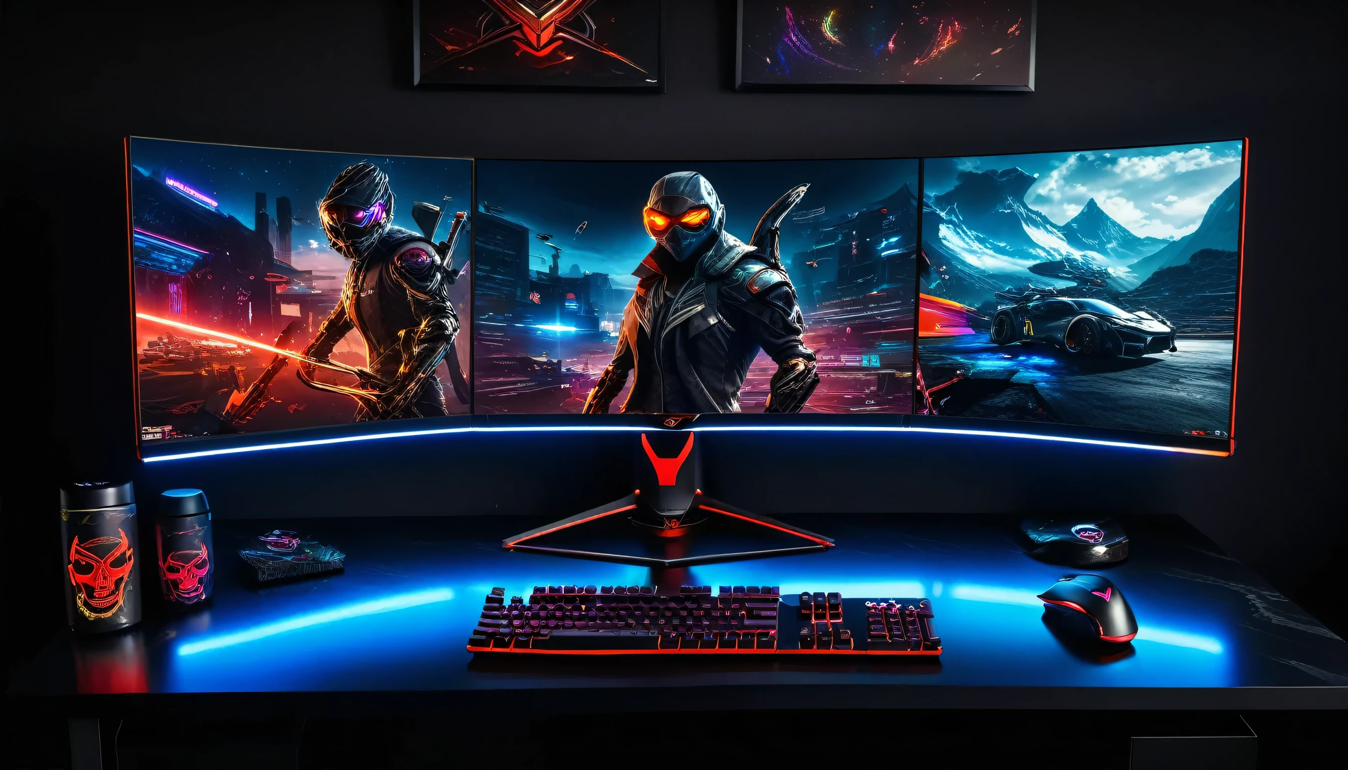 (masterpiece:1.5),  (photorealistic:1.1), (bokeh), (best quality), (intricate), (8k), (HDR), (wallpaper) (cinematic lighting) (sharp focus), ultrawide, ultrawide establishing shot three  42" curved ROG gaming monitors on the desk with a ROG keyboard and ROG mouse, vibrant backlit, gaming monitors. artstation, ultra wide, led gaming, floating monitors, gamer screen on balck metallic desk, ultrawide landscape, colorful computer screen, monitor, ultrawide shot, dynamic backlighting, ultra wide horizon, rgb lighting, black marble wall background, rgp lighting skulls on wall paintings on wall