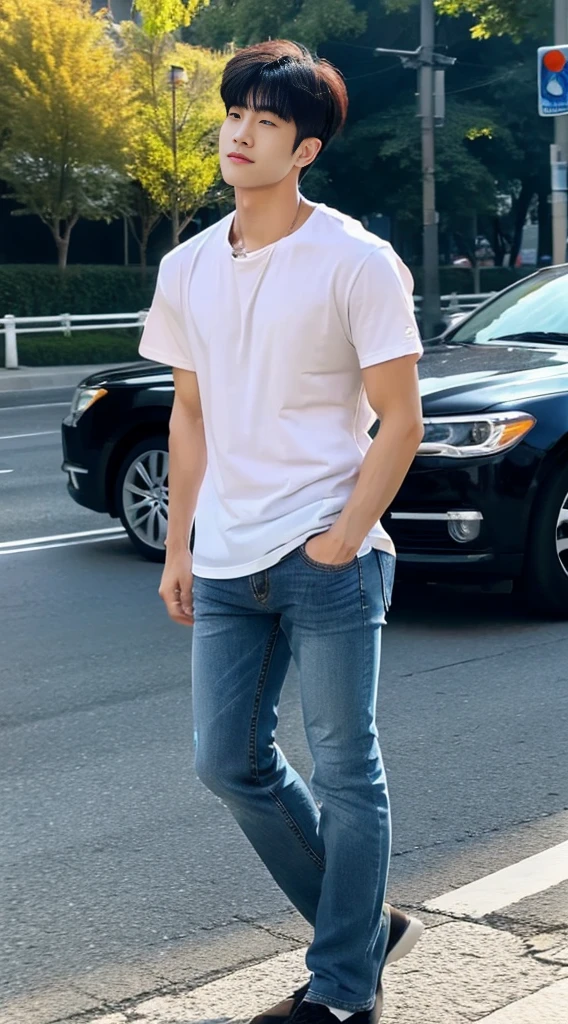 ((realistic daylight)) , Korean guy in only a navy black shirt and jeans., A handsome, muscular young Asian man looks at the camera. In a simple t-shirt black , roadside traffic ,((look sideways))