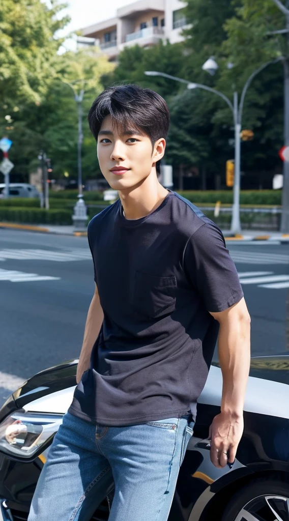 ((realistic daylight)) , Korean guy in only a navy black shirt and jeans., A handsome, muscular young Asian man looks at the camera. In a simple t-shirt black , roadside traffic ,((look sideways))