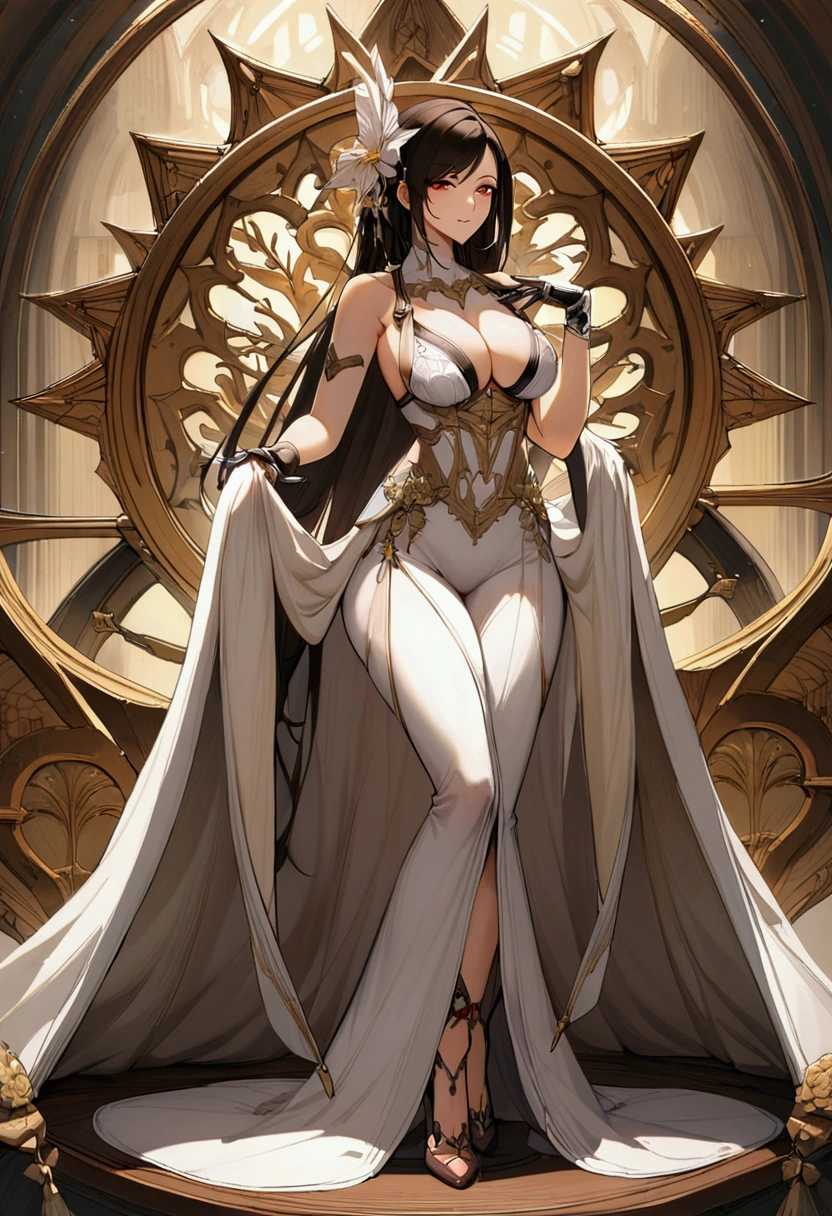 arafed woman in a white dress with a flower in her hair, seductive tifa lockhart portrait, beautiful alluring anime woman, seductive anime girl, ((a beautiful fantasy empress)), tifa lockhart with white hair, tifa lockhart, glamorous tifa lockheart, tifa, full body xianxia, a beautiful fantasy empress, by Yang J, ultra detailed, high detailed, high resolution, face detailed, finger detailed,