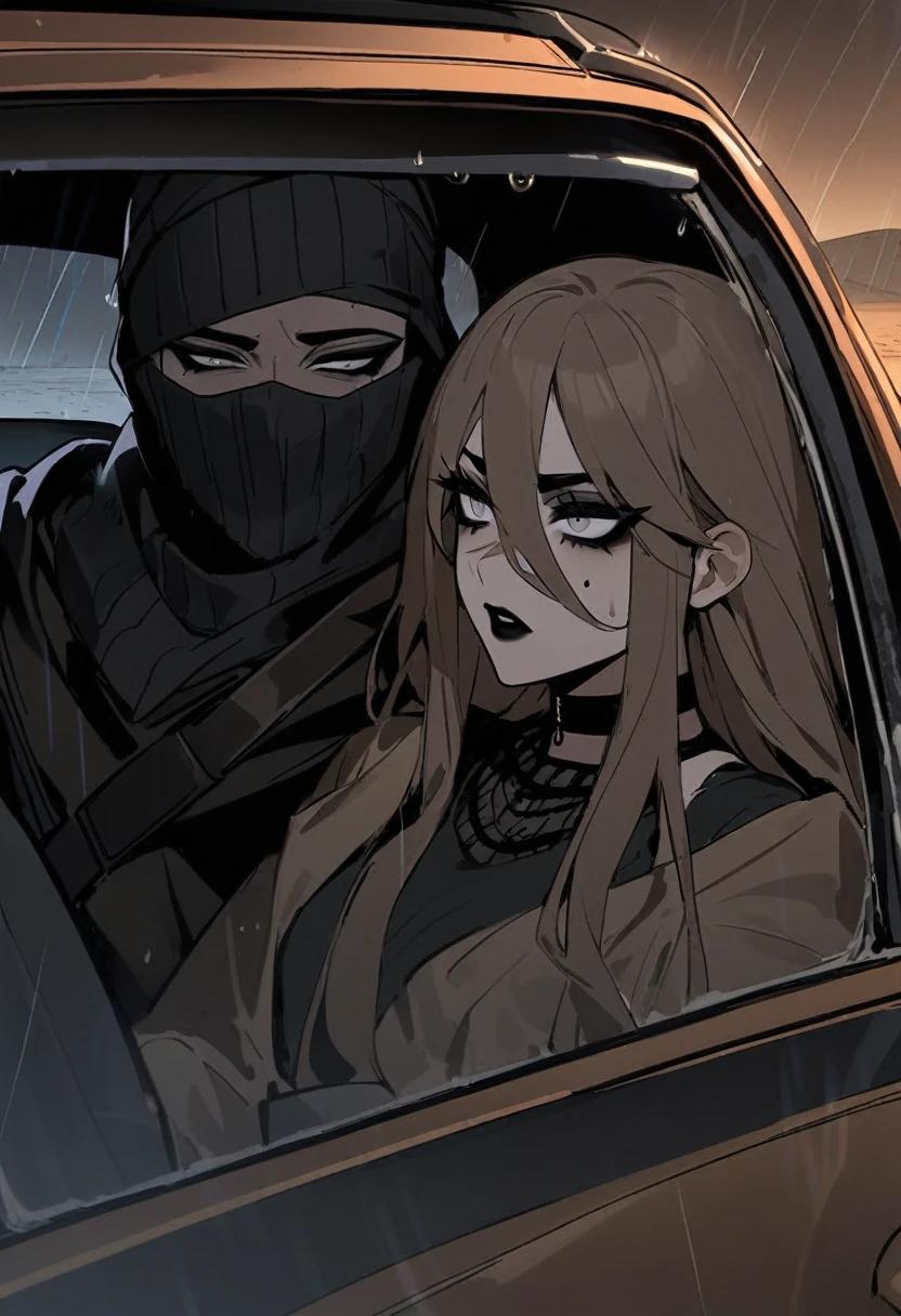 Male arab modern terrorist, terrorist, black balaclava, black bandage, white  eyes, black clothes, thin waist, femboy, light skin, makeup, black eyeliner, big eyelashes, black eyeshadow, choker, inside the car, desert, night, rain, hetero duo, 1girl, brown long hair girl, girl without a mask, makeup, penis, penis in her mouth, blowjob