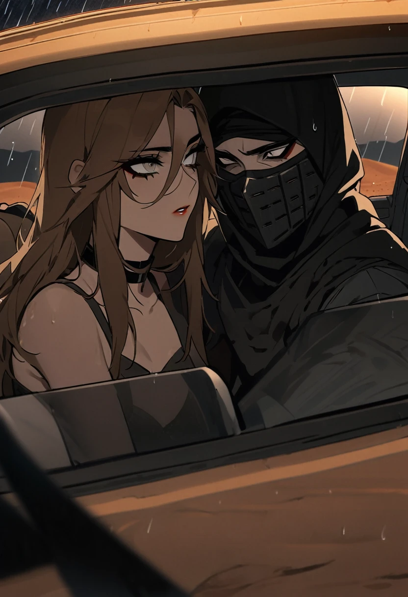 Male arab modern terrorist, terrorist, black balaclava, black bandage, white  eyes, black clothes, thin waist, femboy, light skin, makeup, black eyeliner, big eyelashes, black eyeshadow, choker, inside the car, desert, night, rain, hetero duo, 1girl, brown long hair girl, girl without a mask, makeup