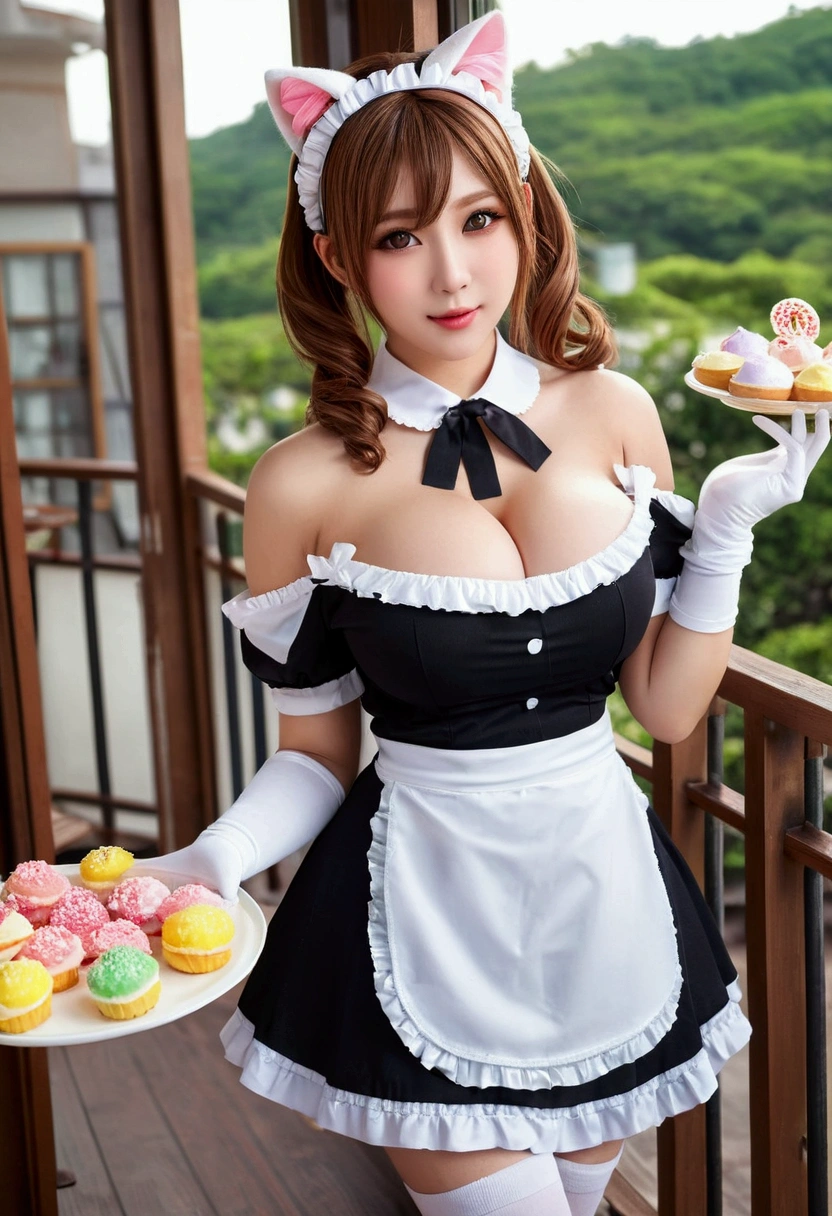 ((big breasts:1.2))、beautiful light up、brown hair color、dull bangs、off shoulder、sexy maid outfit、((revealing clothes))、(Cat ear maid headband)、knee high socks、Fair skin、sexy pose、cafe terrace、(Holding a tray with sweets on it)、big nipples showing and horny