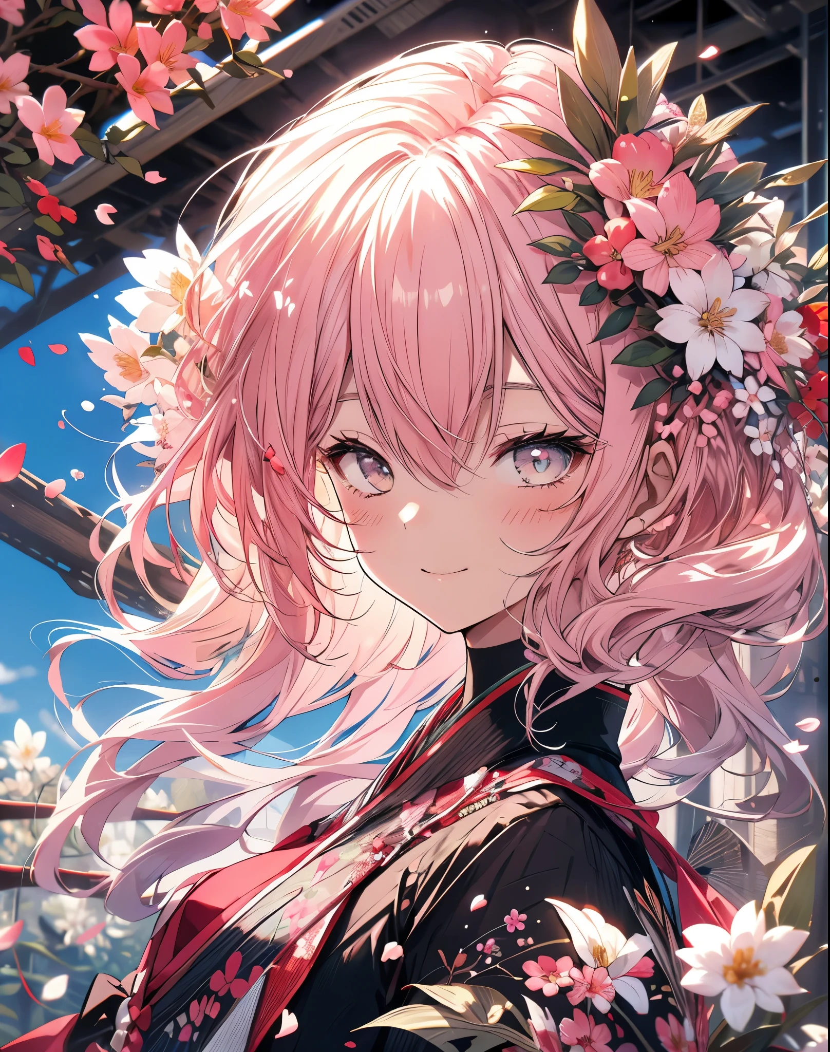 Entire figure, full-figure, scenery artistic art. (White dirt road, Oriental elements),(Nature Illustration Spring:1.3,paper art:1.3, Quilted Paper Art:1.2),( Reasonable design, Clear lines, High Sharpness,Best Quality, Very detailed, masutepiece, Movie Light Effects, 4K )(Cherry leaves、Cherry blossoms in spring:1.0)、Many cherry blossoms flutter、the wind、Background with、Spring-like、Girl Facing Left、Pink blossom petals、A large number of cherry petals、very light pink hair、long. (Small Neko ears); (Fox tail). She Is smiling . Sitted under a pink flower tree, she has fallen asleep against the tree.closed eyes.