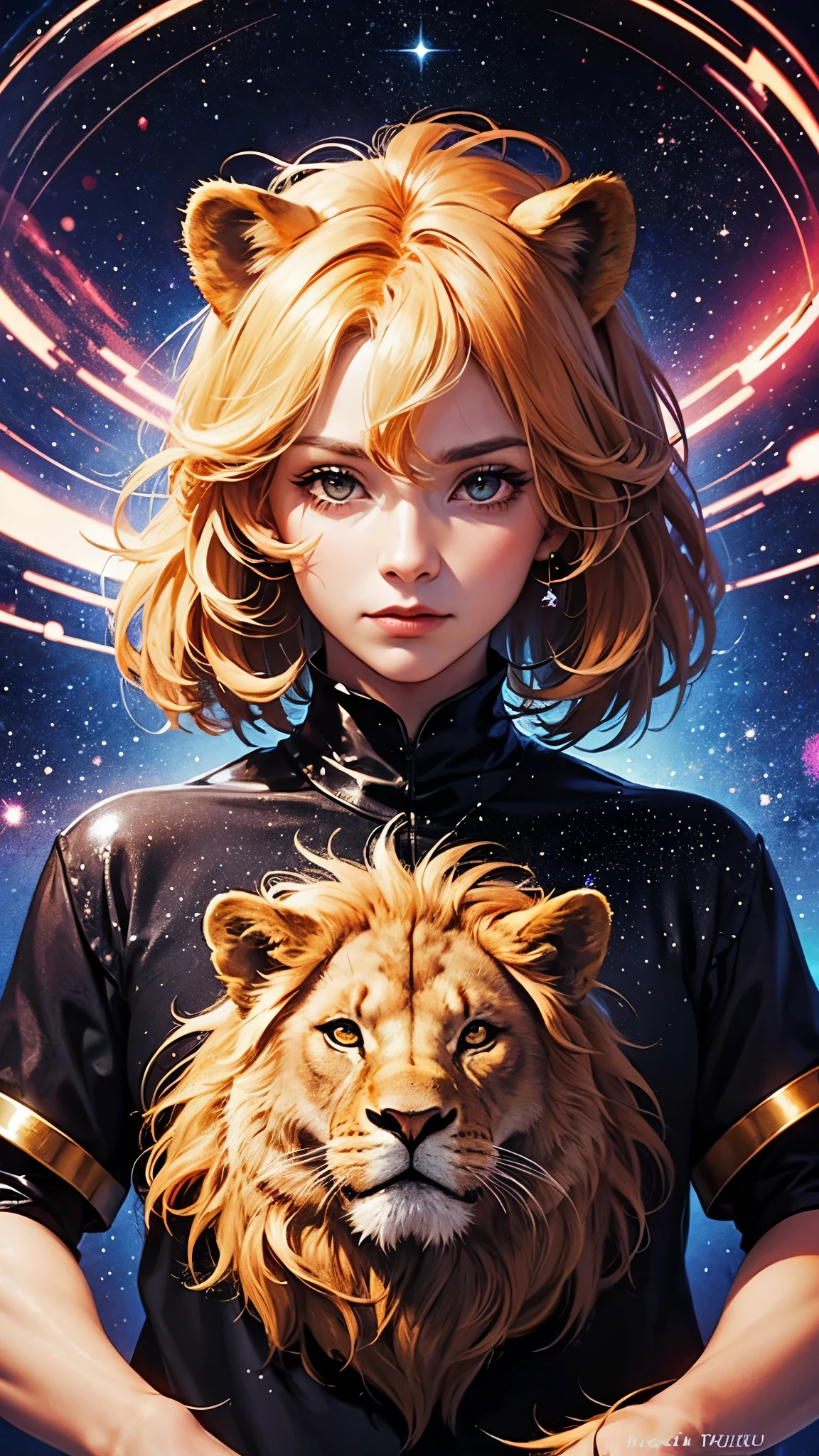 The face of a lion where its eyes have galaxies inside. His face is robust and looks intimidating