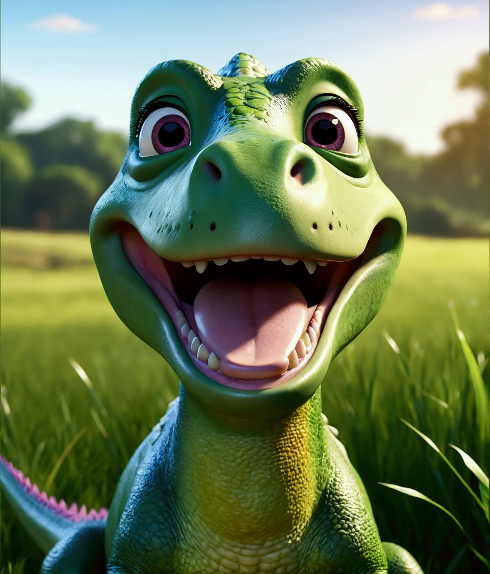 colorful 3d render of Barney the dinosaur, cute and friendly cartoon dinosaur, detailed facial features, large expressive eyes, smiling, happy expression, vibrant colors, soft lighting, sitting in a grassy field, nature background, photorealistic, 8k, high resolution, highly detailed, (best quality, 4k, 8k, highres, masterpiece:1.2), ultra-detailed, (realistic, photorealistic, photo-realistic:1.37), vibrant colors, soft lighting